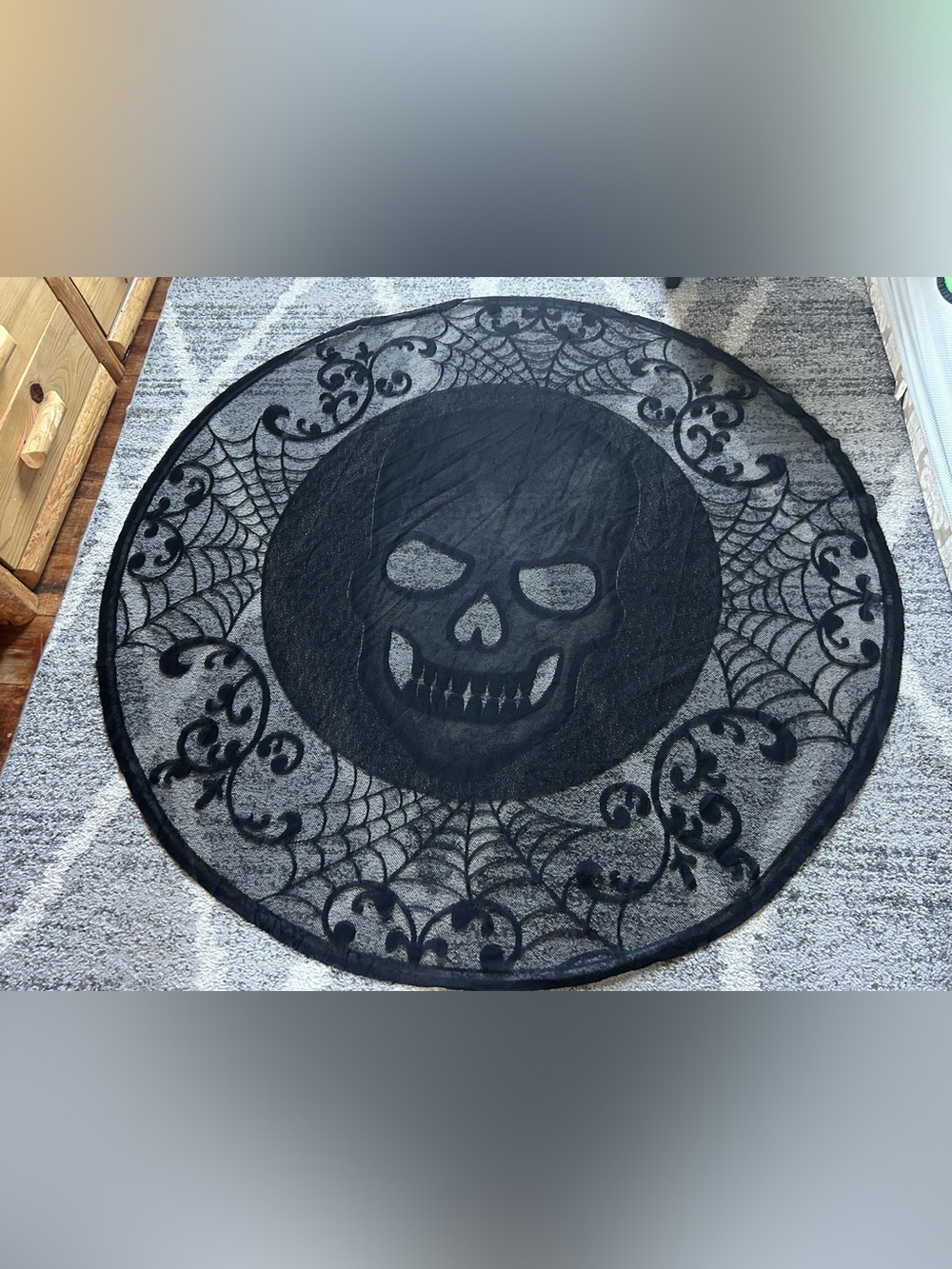 Black Skull Spiderweb Halloween Round Lace style Tablecloth Decor 70’ spooky